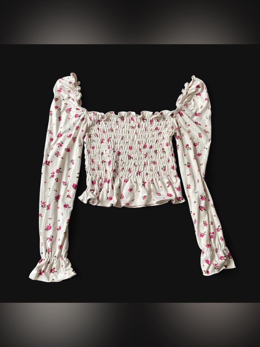 White & pink floral long sleeve crop top